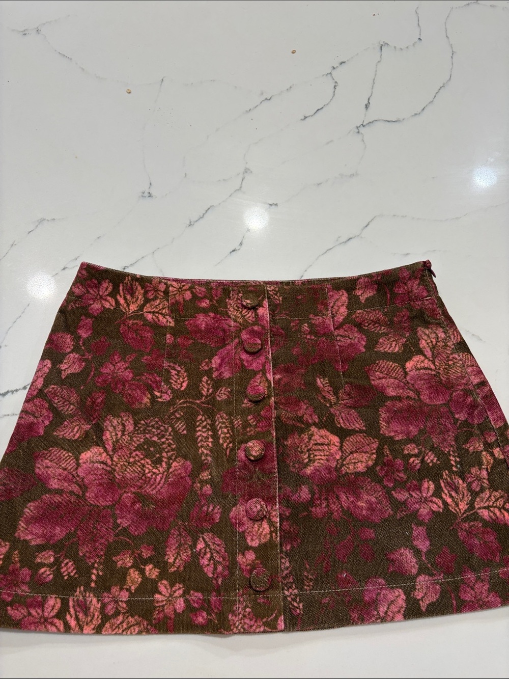 Altar'd State Pink Floral Button-Front Mini Skirt